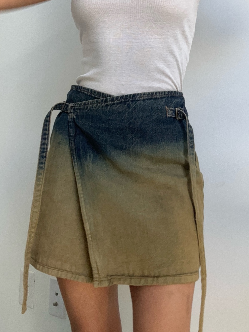 Dip-Dye Wrap Mini Skirt in Blue and Tan